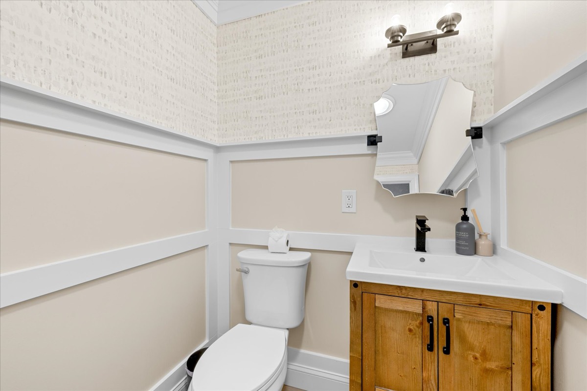 Bathroom with rustic wood vanity